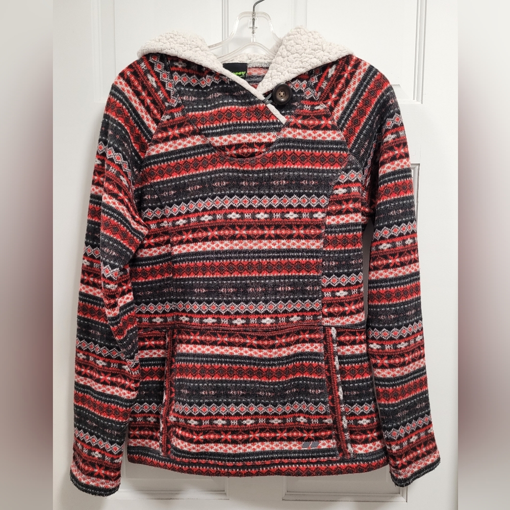 Koppen Hoodie Womens L Red Long Sleeve Pullover Sherpa Fleece Lined Hood Nordic.